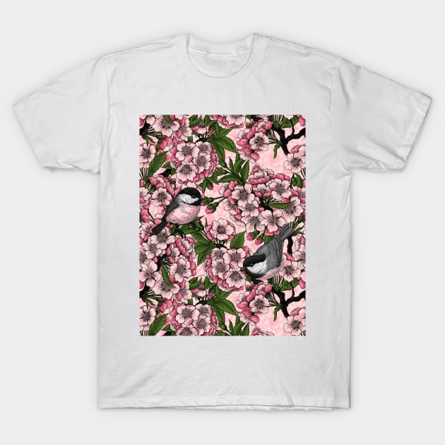 Cherry blossom and chickadees on pink T-Shirt by katerinamk